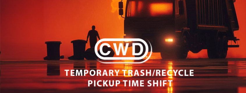 Silhouette of trash collection truck.