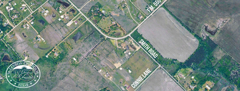 Aerial map showing the location of construction at Smith Road and Connie Lane next to FM 550.