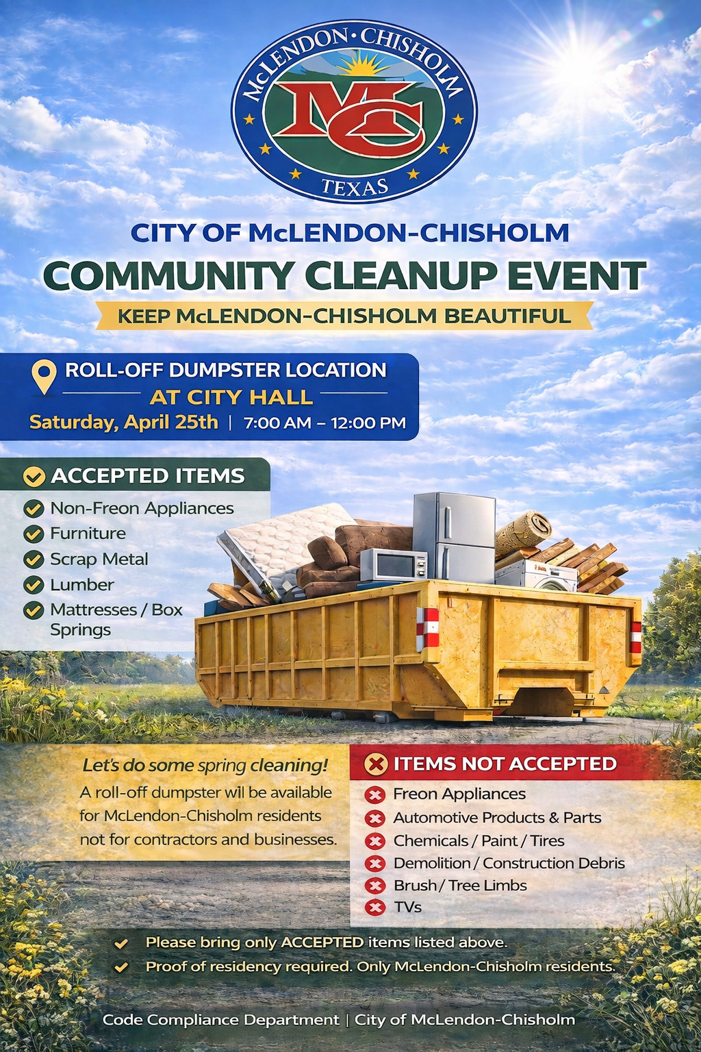 An AI image of a large yellow dumpster full of trash in a field with the words City of McLendon-Chisholm Community Clean Up Event.